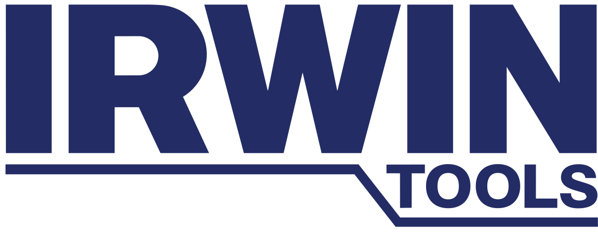 IRWIN Tools logo featuring bold blue letters with a horizontal line, representing the brand's identity in the trades and tools industry, relevant to ROC Media's National Tradesperson Day campaign.