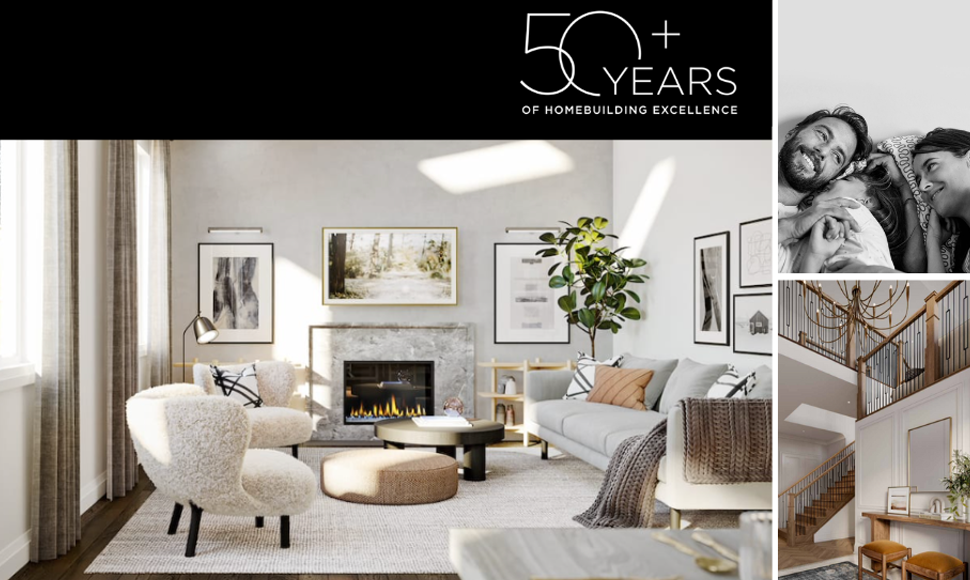 Modern living room showcasing cozy seating, a fireplace, and decorative art, emphasizing 50+ years of homebuilding excellence.