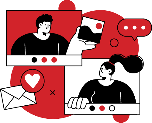 Illustration of two people in video chat, one holding a photo, with communication icons like speech bubbles and a heart, symbolizing collaboration and connection in marketing strategies.
