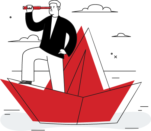 Man standing confidently on a stylized red paper boat, using a telescope to survey the horizon, symbolizing strategic lead generation opportunities during the holiday season.
