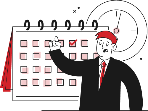 Businessman in suit pointing at calendar with checkmark, symbolizing efficient scheduling and time management in digital marketing content creation.