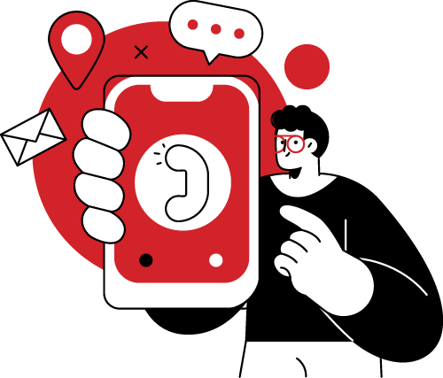 Person holding a smartphone with a call icon, surrounded by communication symbols like a location pin and speech bubbles, illustrating innovative marketing strategies for real estate sales and marketing alignment.