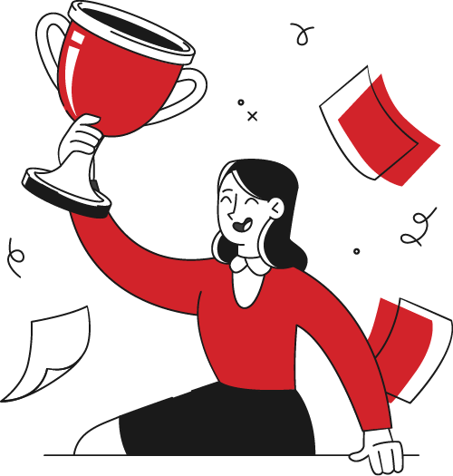 Woman in red sweater joyfully raising a trophy, surrounded by flying papers and celebratory elements, symbolizing success and engagement in marketing efforts during the holiday season.