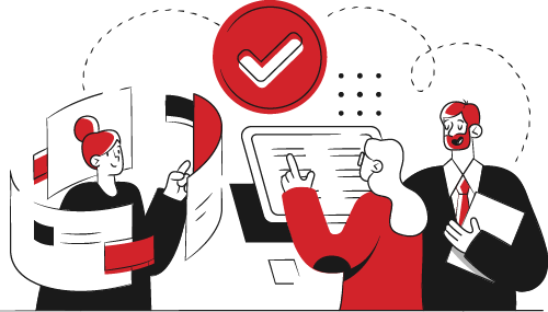 Illustration of three professionals engaging with AI-driven content creation tools, showcasing document analysis and user interface interaction, symbolizing ROC Media Inc.'s innovative approach to optimizing research and editing processes.