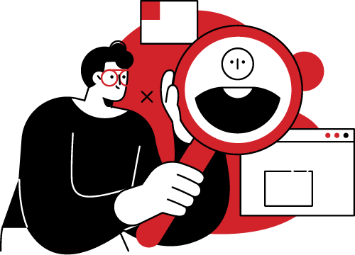 Illustration of a person with glasses holding a magnifying glass, emphasizing the importance of collaboration and communication in sales and marketing strategies for the real estate construction industry.
