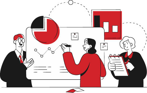 Illustration of a team analyzing data with charts, discussing predictive analysis and content strategy in a collaborative setting, reflecting ROC Media Inc.'s focus on AI-driven insights for personalized user experiences.