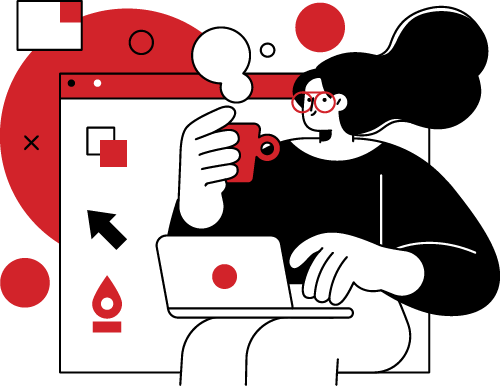 Person with long hair holding a coffee mug while working on a laptop, surrounded by colorful geometric shapes and a web browser interface, representing collaboration and communication in marketing strategies.