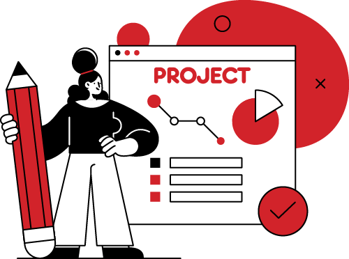 Illustration of a person holding a large red pencil next to a project management interface, featuring graphs and checkmarks, symbolizing effective marketing strategies in real estate construction.