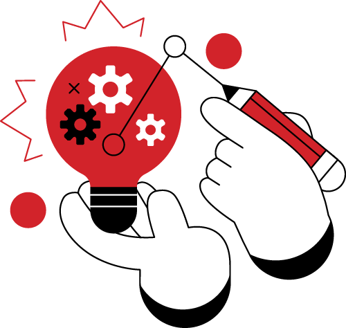 Hands drawing a light bulb with gears, symbolizing innovative marketing strategies and collaboration in the real estate construction industry.