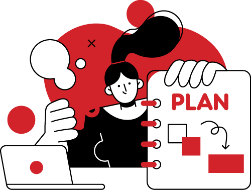 Person holding a planner labeled "PLAN" with flowchart elements, laptop on the table, emphasizing strategic planning in sales and marketing alignment.