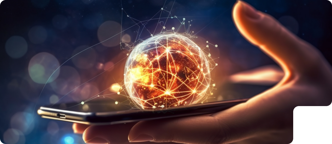 Hand holding smartphone with glowing globe and network connections, symbolizing digital branding and marketing strategies for ROC Media.