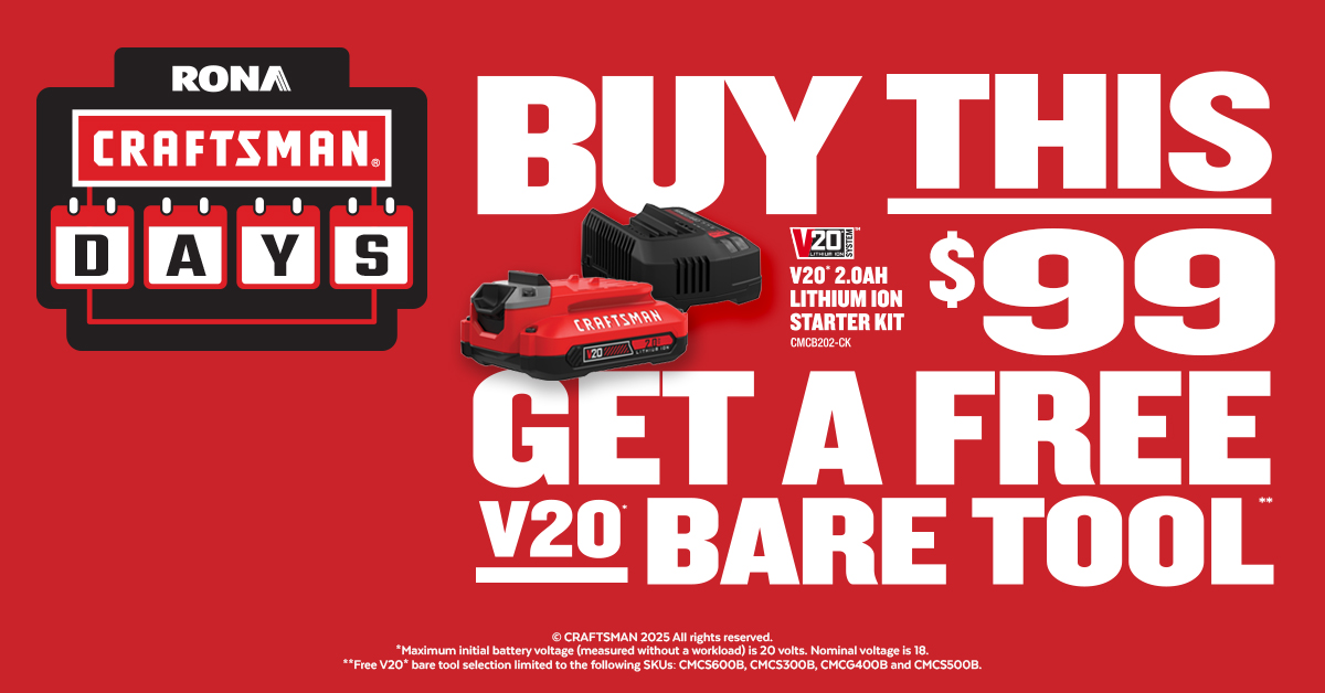 CRAFTSMAN® Days promotional graphic featuring V20 2.0Ah Lithium Ion Starter Kit offer, emphasizing "Buy This $99 Get A Free V20 Bare Tool," with bold text and red background.
