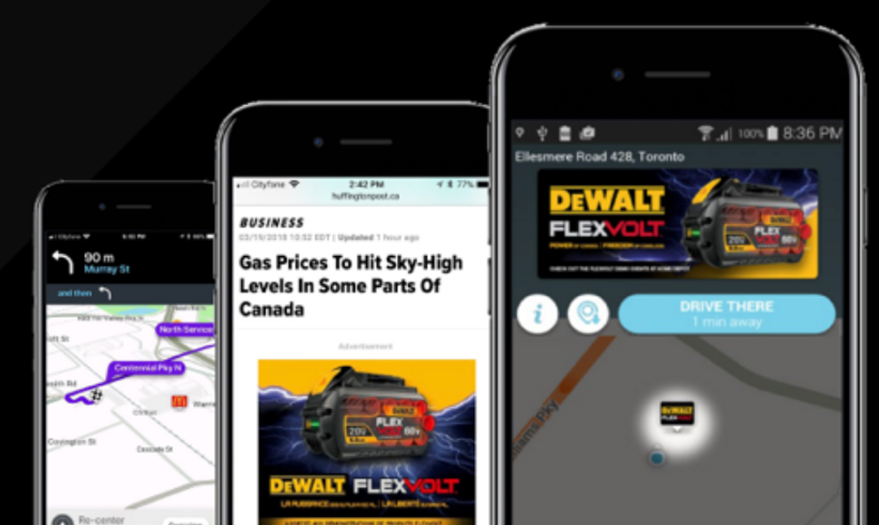 DEWALT® FLEXVOLT® advertisement displayed on smartphone navigation app, featuring promotional graphics and location details for nearby retailers.