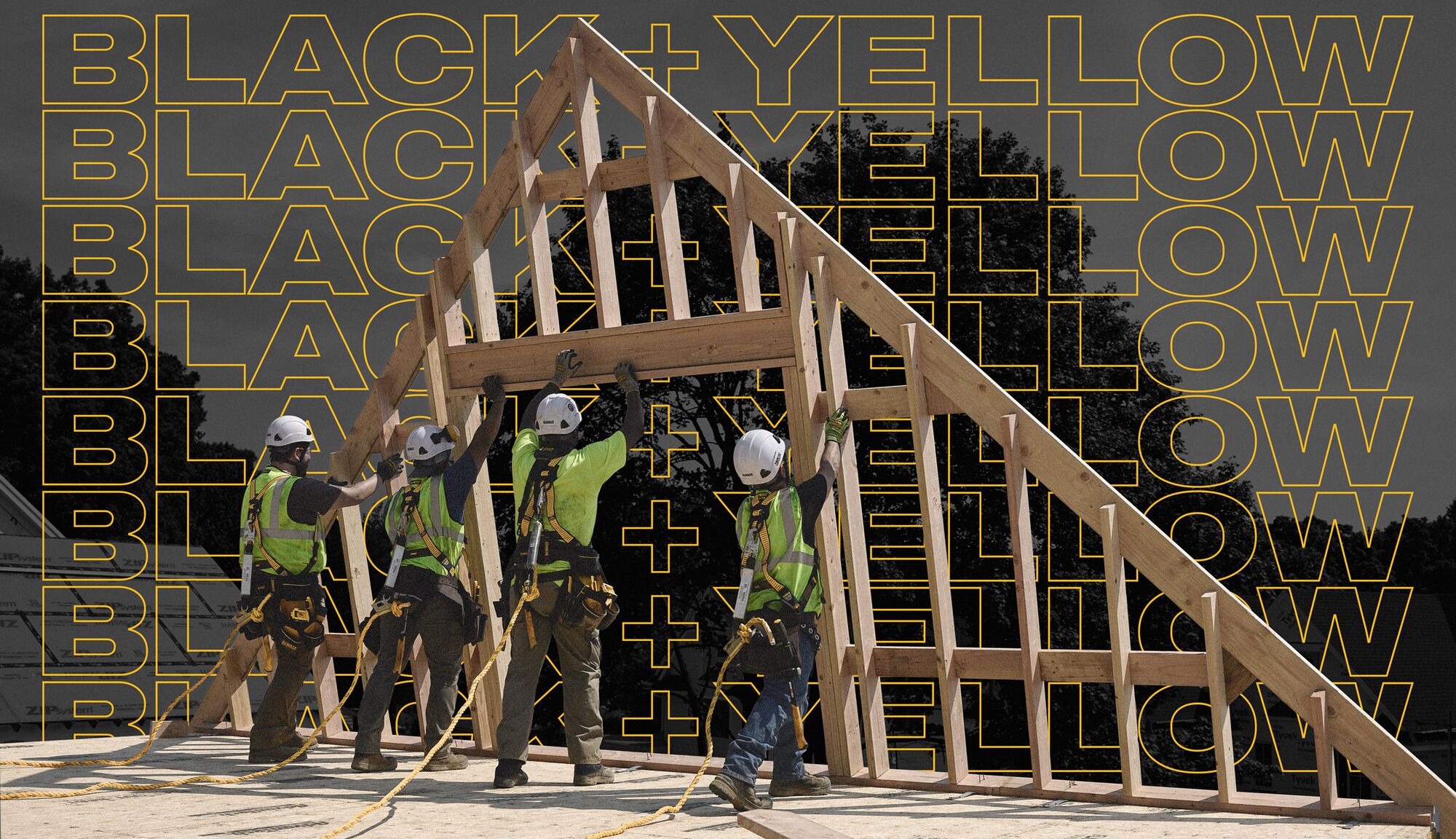 Construction workers in safety gear lifting a wooden frame, with bold "BLACK + YELLOW" text overlay, highlighting DEWALT® branding and emphasizing a marketing campaign for CRAFTSMAN® V20 Battery.