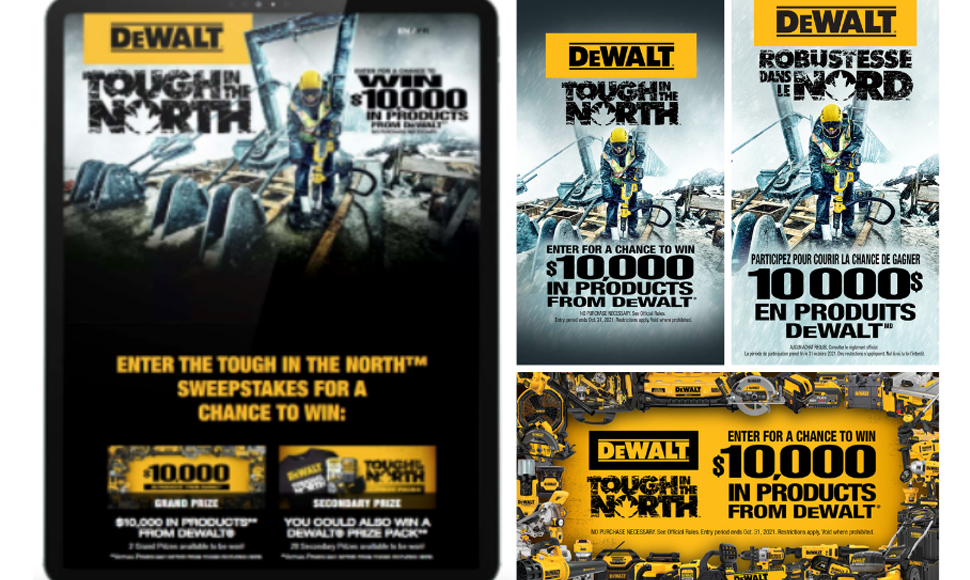 DEWALT® Tough in the North™ 2021 sweepstakes promotional image featuring a construction worker and tools, highlighting a chance to win $10,000 in DEWALT® products.
