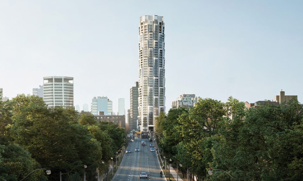 Midtown Toronto skyline featuring the Landmark Residence, a modern high-rise building surrounded by greenery and urban architecture, representing innovative real estate development.