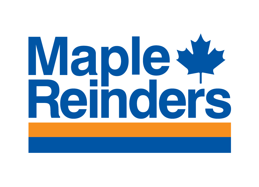 Maple Reinders logo featuring blue text with a maple leaf and an orange stripe, representing the brand's identity in construction and project management solutions.