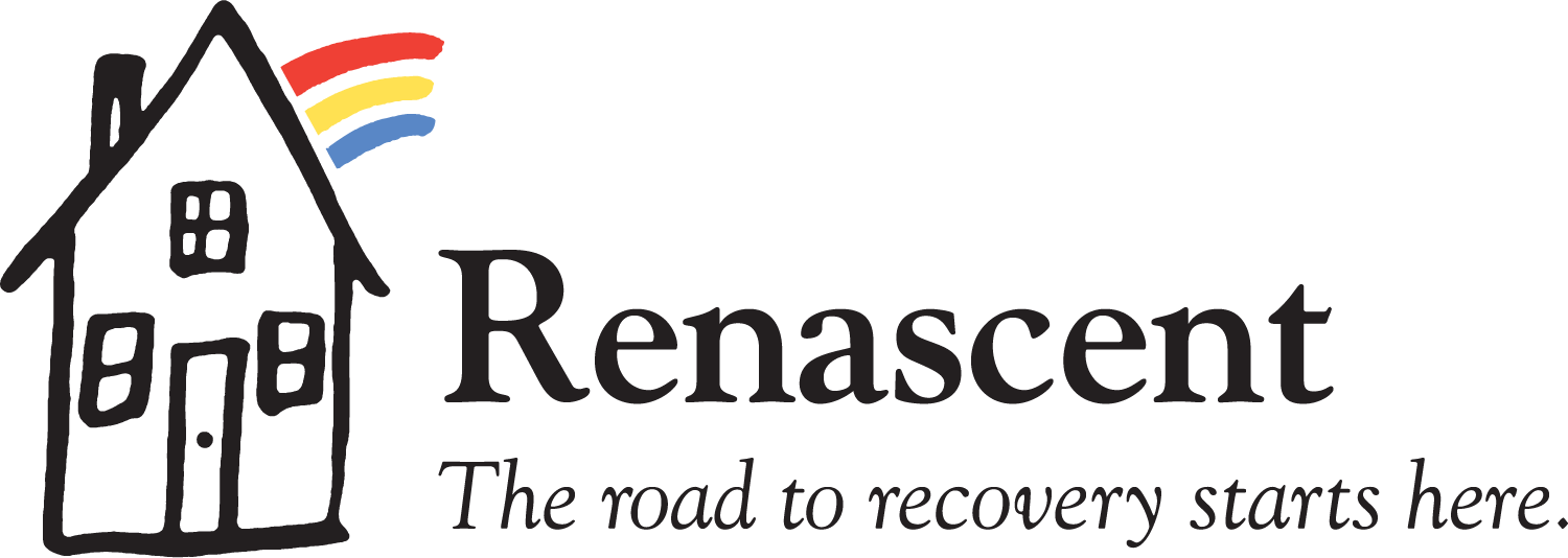 Renascent logo featuring a house illustration and the tagline "The road to recovery starts here," symbolizing support for addiction recovery services.
