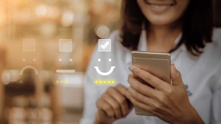 Person using smartphone to give positive feedback, with visual indicators of satisfaction and star ratings, illustrating the importance of online reviews for brand reputation.