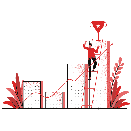 Man climbing a ladder towards a trophy on top of a bar graph, symbolizing success in digital marketing and data-driven strategies.