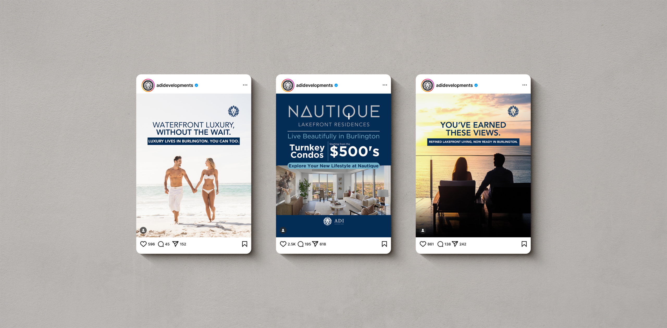 Instagram ads for Adi Developments featuring waterfront luxury living, showcasing couples on the beach and scenic views, promoting Nautique Lakefront Residences and turnkey condos in Burlington.