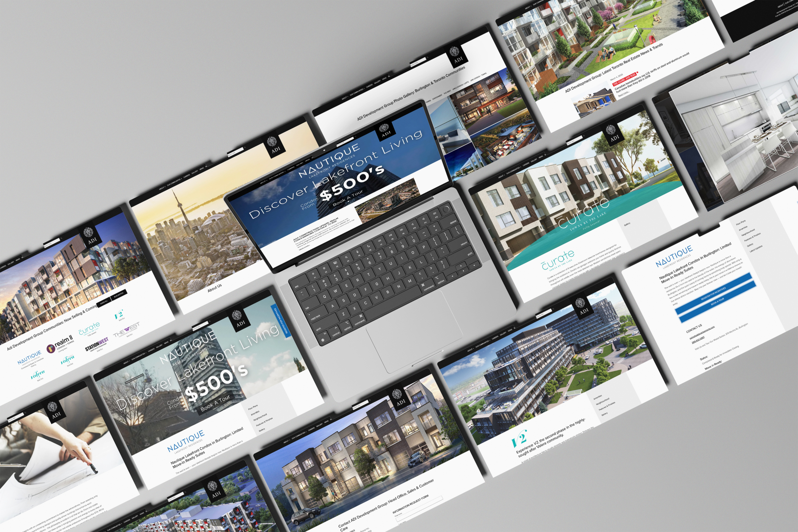 Laptop displaying multiple web pages featuring Adi Developments' Nautique Lakefront Living project, showcasing architectural designs, lifestyle imagery, and promotional messaging.