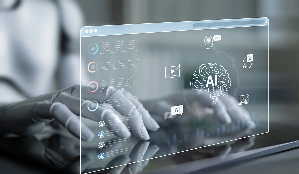 Robot hands interacting with a transparent digital interface showcasing AI elements and data analytics, reflecting ROC Media Inc.'s focus on innovative content creation and digital marketing solutions.