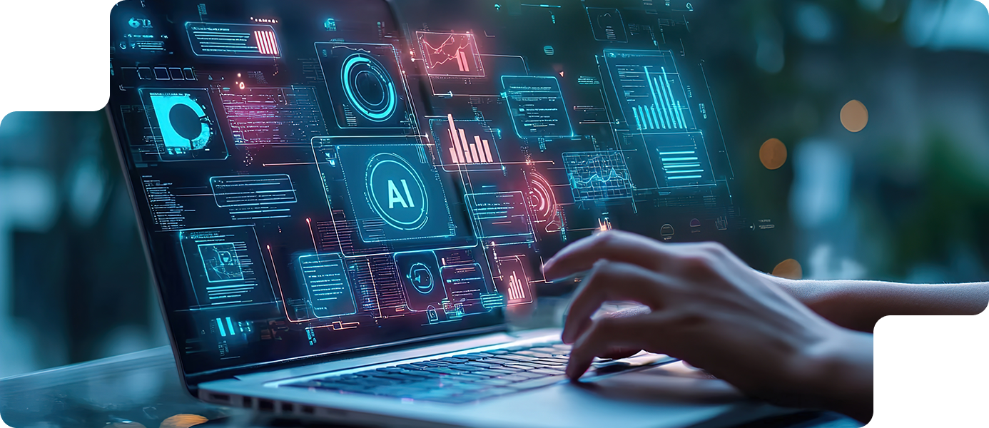 Person using a laptop with a digital interface displaying AI analytics, data visualizations, and performance metrics, highlighting AI-driven marketing efficiency and automation.
