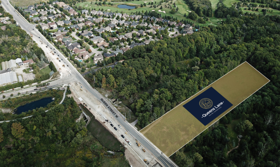 Aerial view of the Queens Lane development site adjacent to residential neighborhoods and Queen Street West, featuring a prominent logo for Branthaven Homes' luxury townhomes campaign.