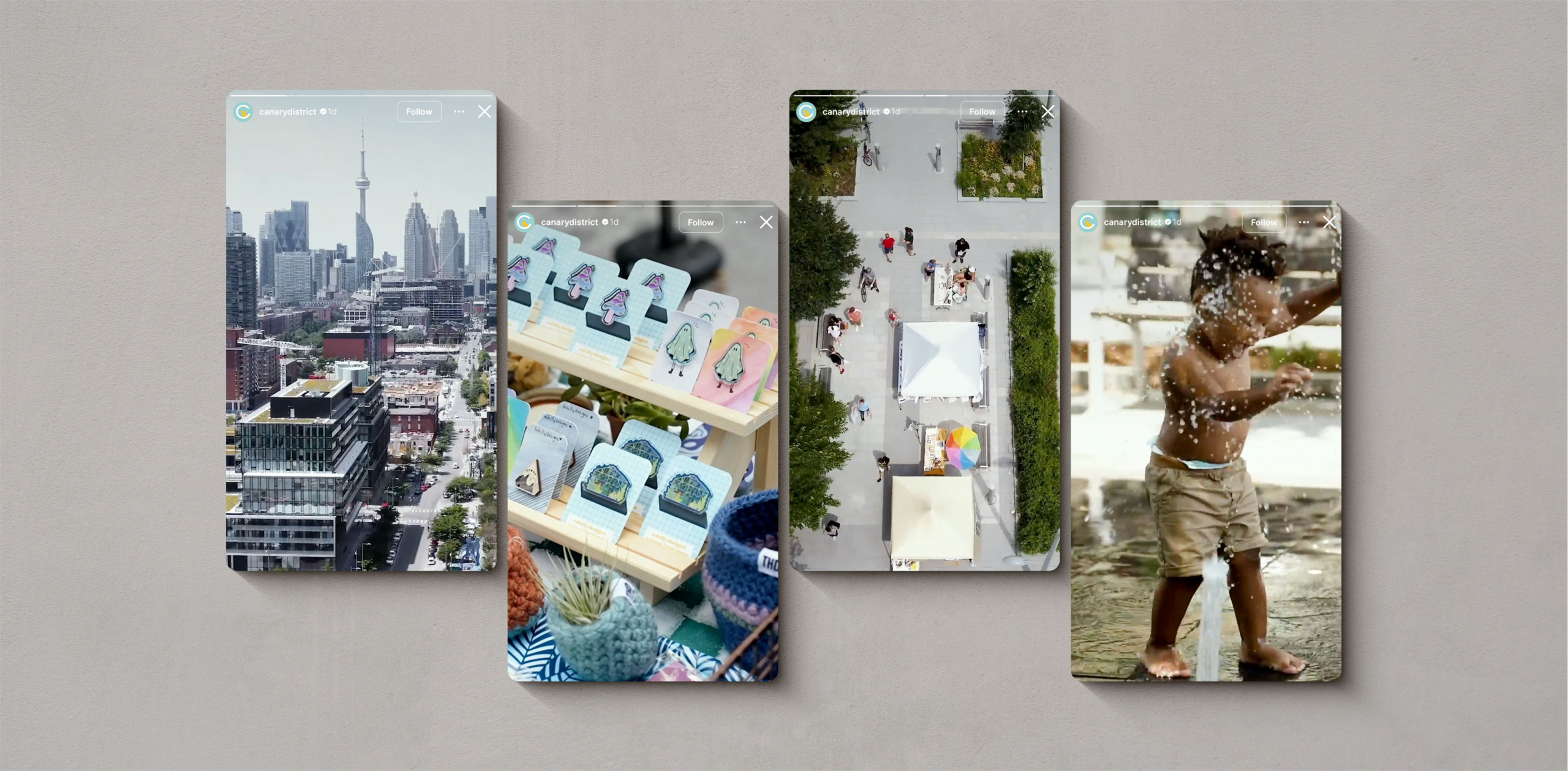 Aerial view of the Canary District showcasing urban architecture, local artisan market with colorful crafts, festival-goers enjoying outdoor activities, and a child playing in a splash pad, encapsulating community vibrancy during the Front Street Festival.