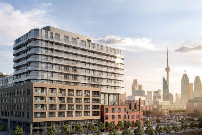 Modern residential building in Canary District, Toronto, showcasing contemporary architecture and skyline featuring the CN Tower.