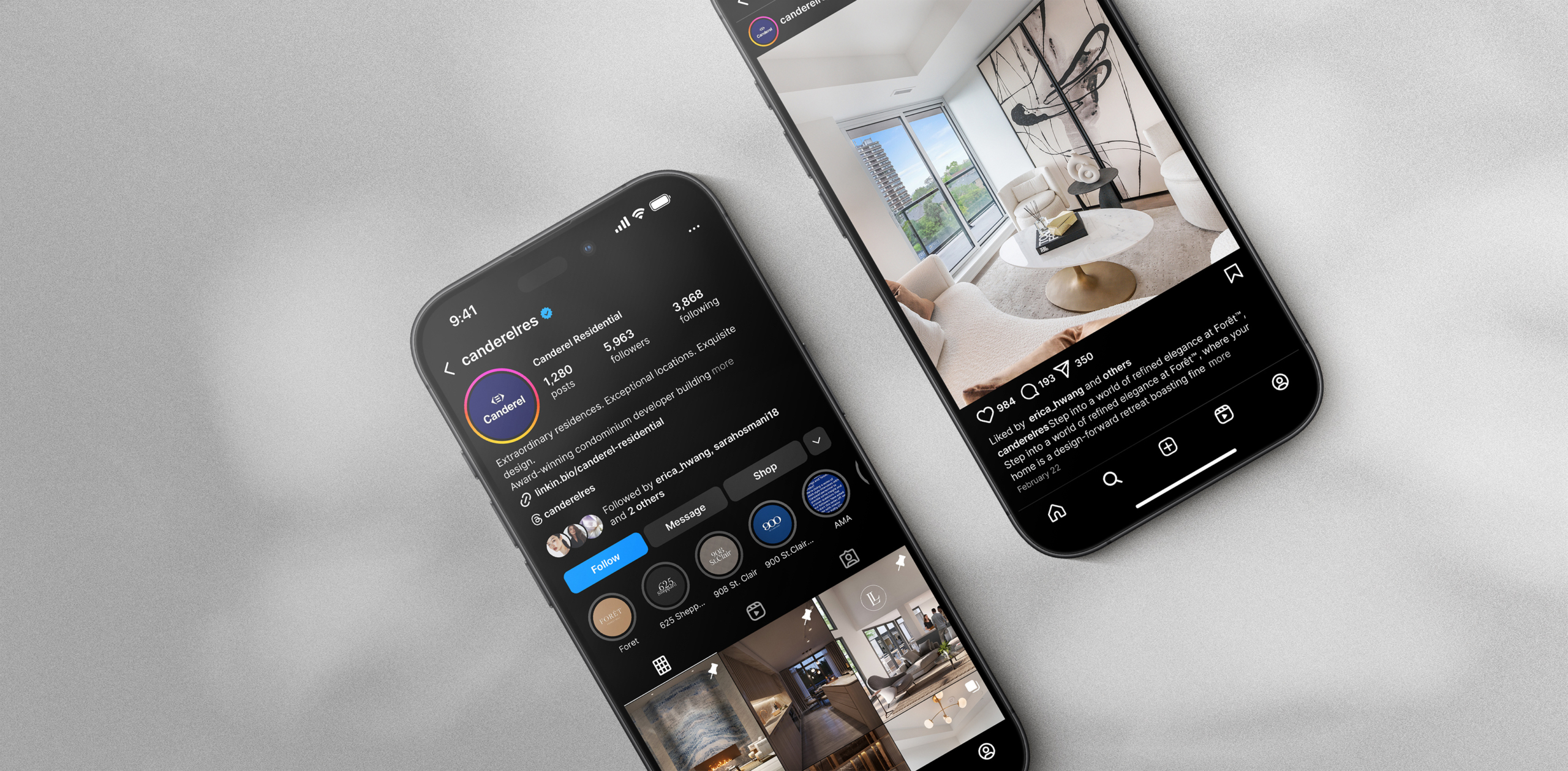 Canderel Residential Instagram profile displayed on smartphones, showcasing luxury living and architectural design.