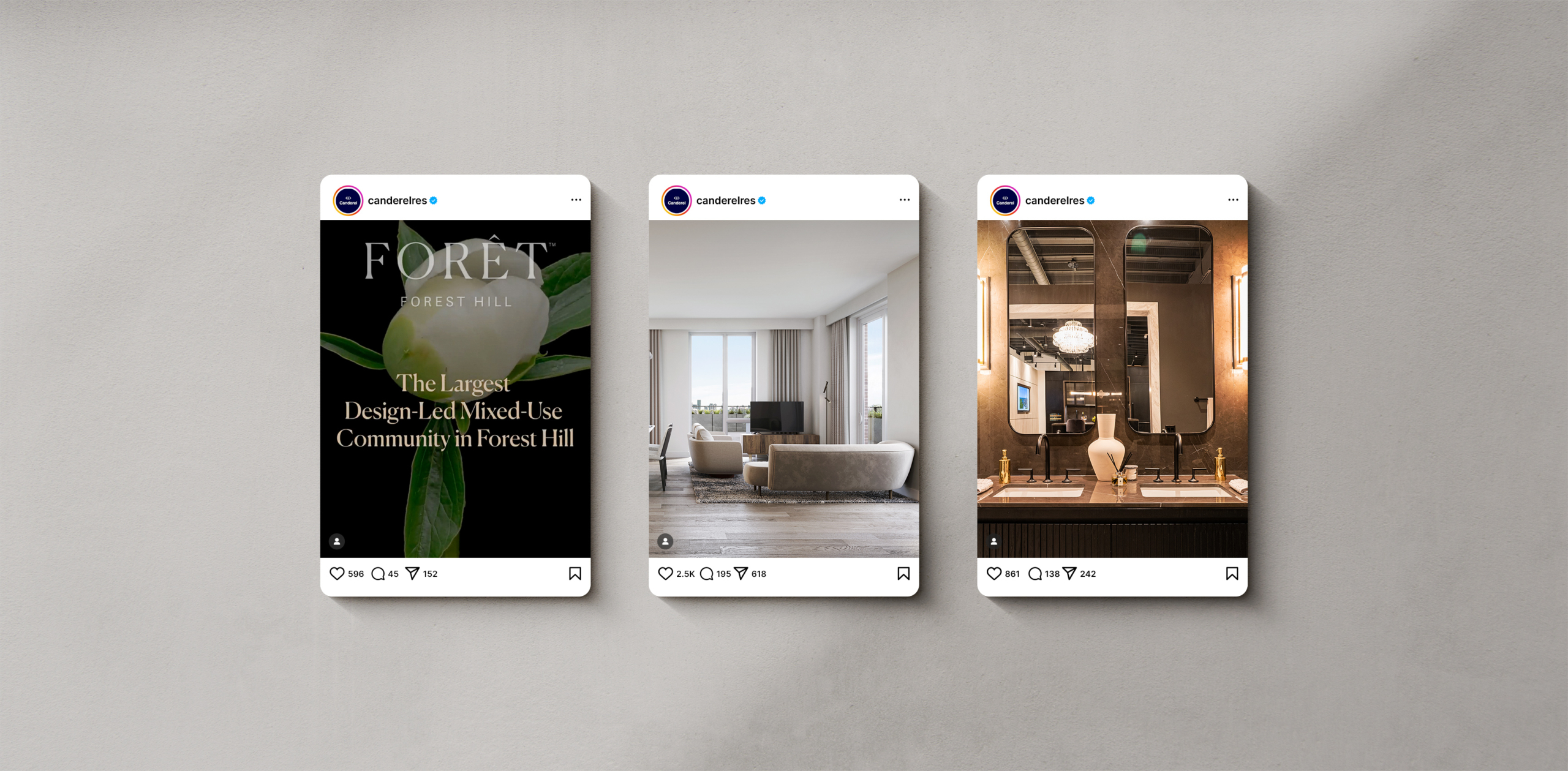 Canderel's Forêt development promotional images showcasing luxury interiors and community features, emphasizing design-led living in Forest Hill.
