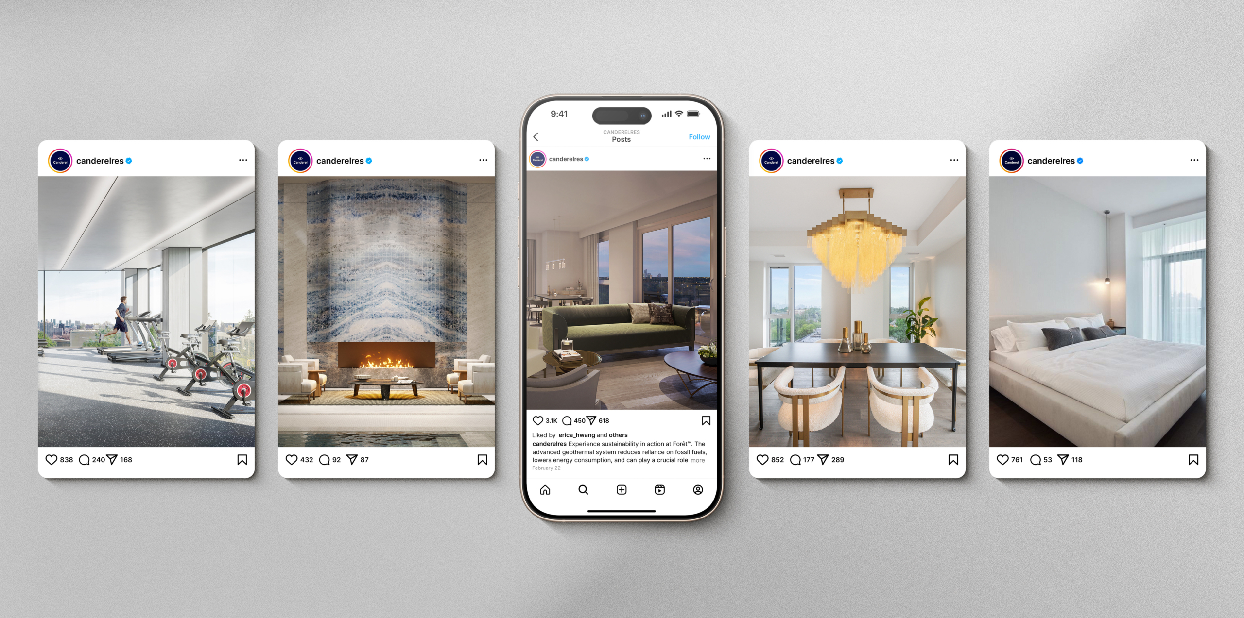 Canderel's luxury urban living showcased through high-quality Instagram posts featuring a modern gym, elegant fireplace lounge, stylish living area, contemporary dining space with chandelier, and serene bedroom, reflecting premium lifestyle and architectural design.