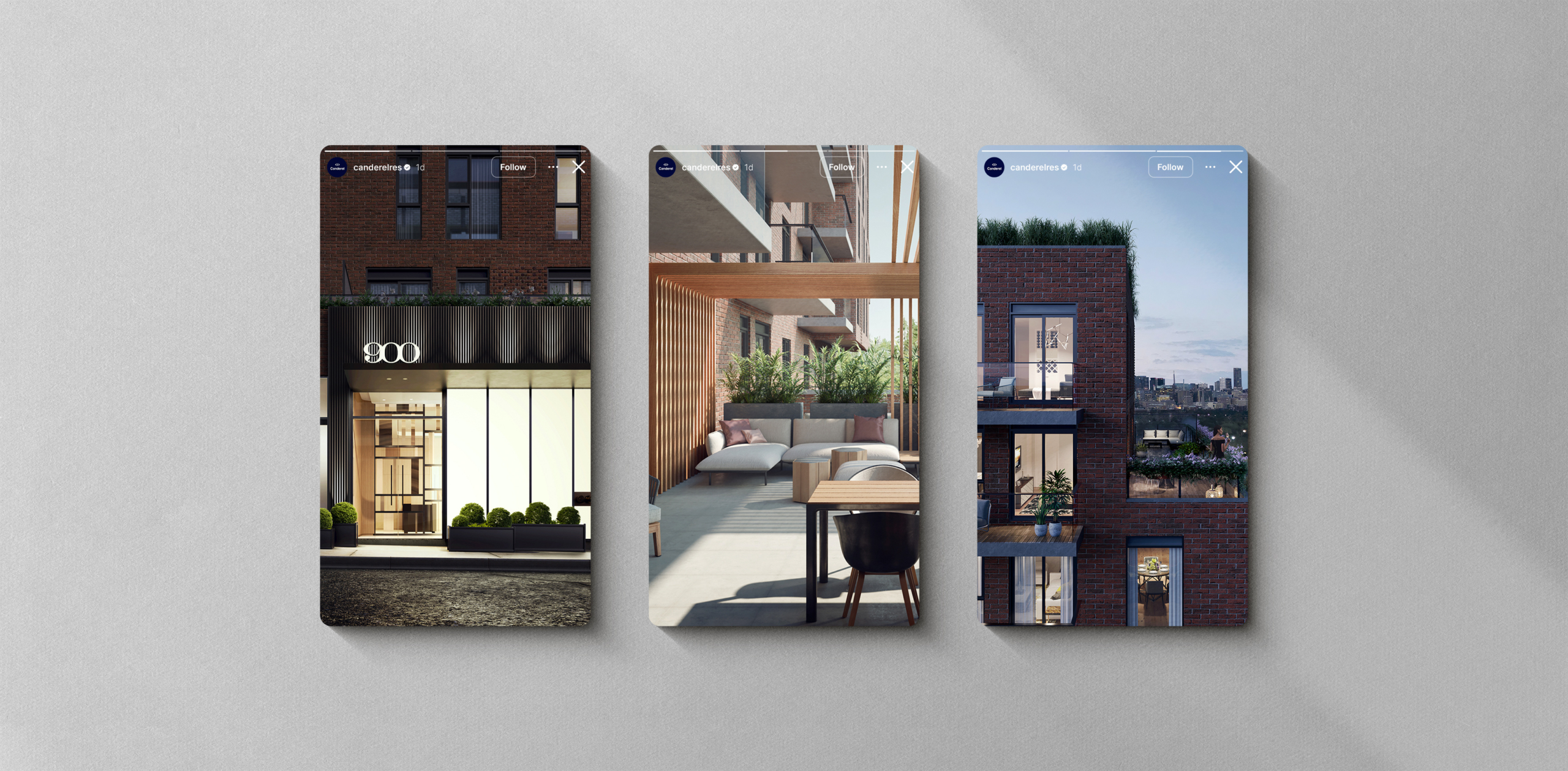 Canderel's luxury residential development showcasing modern architectural design, outdoor living spaces with greenery, and elegant interiors, emphasizing urban lifestyle and community amenities.