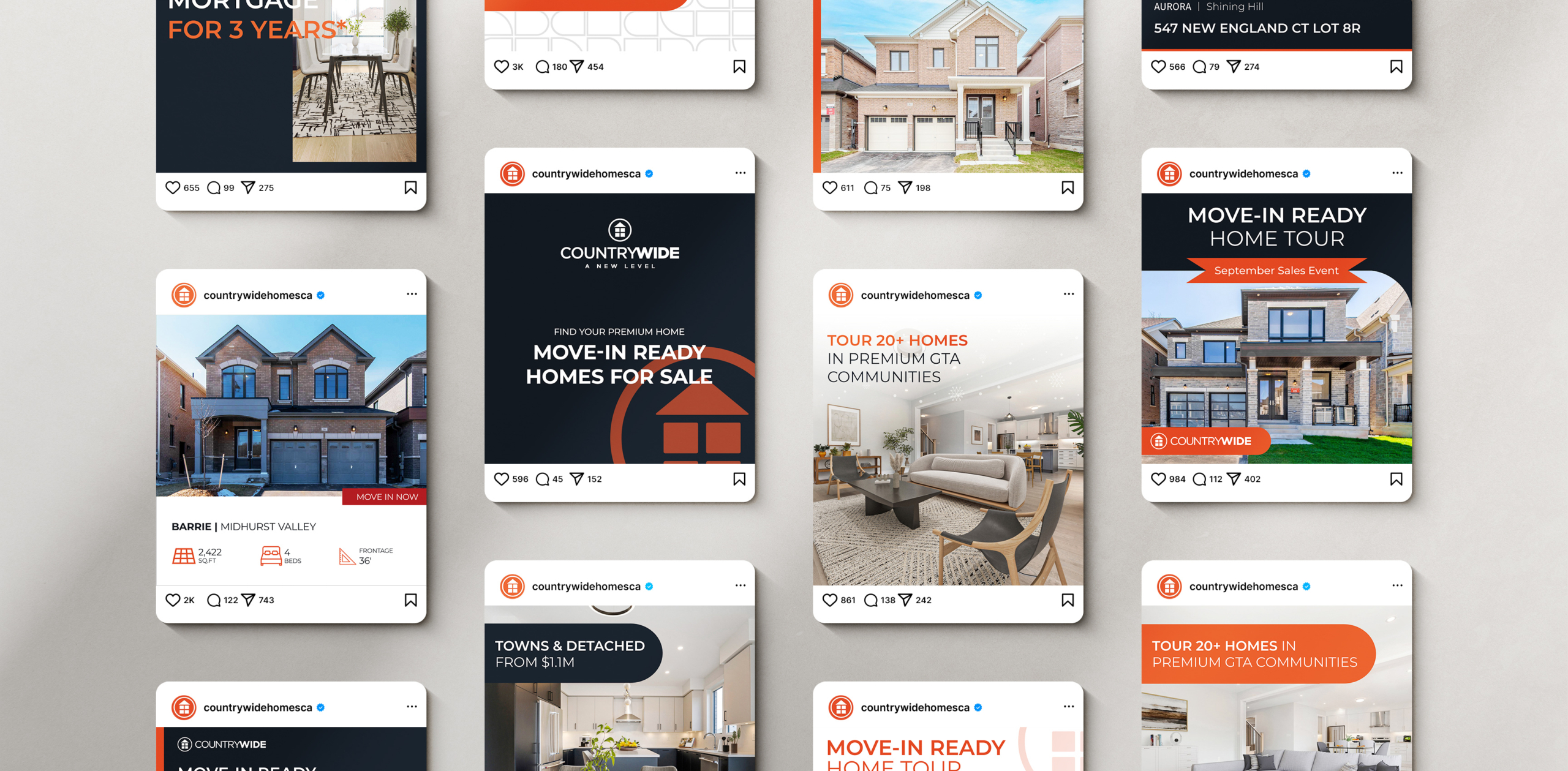 Collage of Countrywide Homes marketing materials showcasing move-in ready homes, promotional offers, and home tours, featuring modern home designs and engaging visuals.