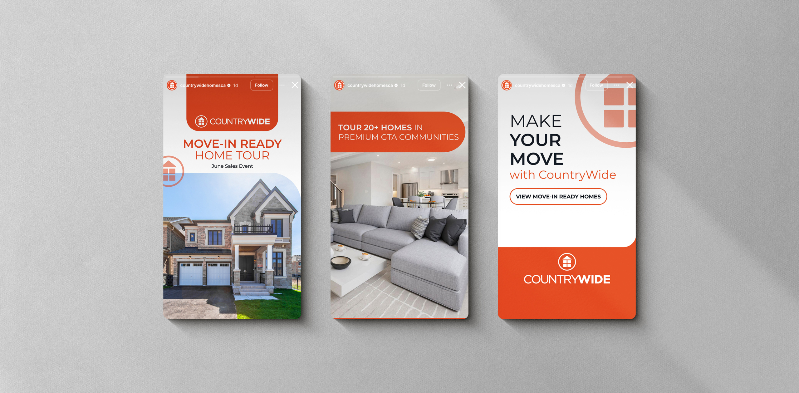 Promotional graphics for Countrywide Homes featuring a move-in ready home tour, showcasing a modern house exterior, inviting interior space, and marketing messages for June sales events and premium GTA communities.