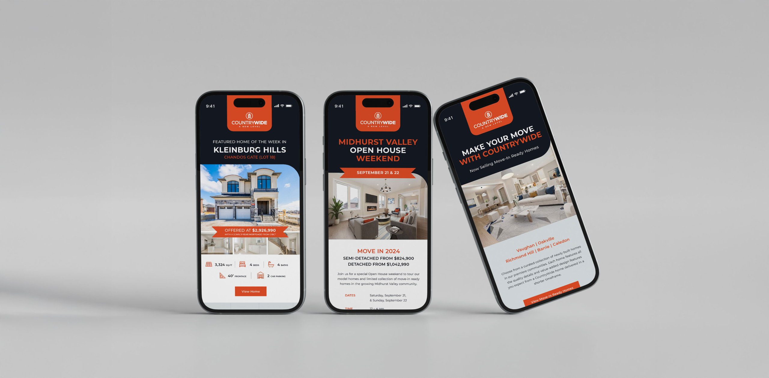 Mobile devices displaying CountryWide Homes marketing materials, featuring move-in-ready homes, open house events, and promotional offers.