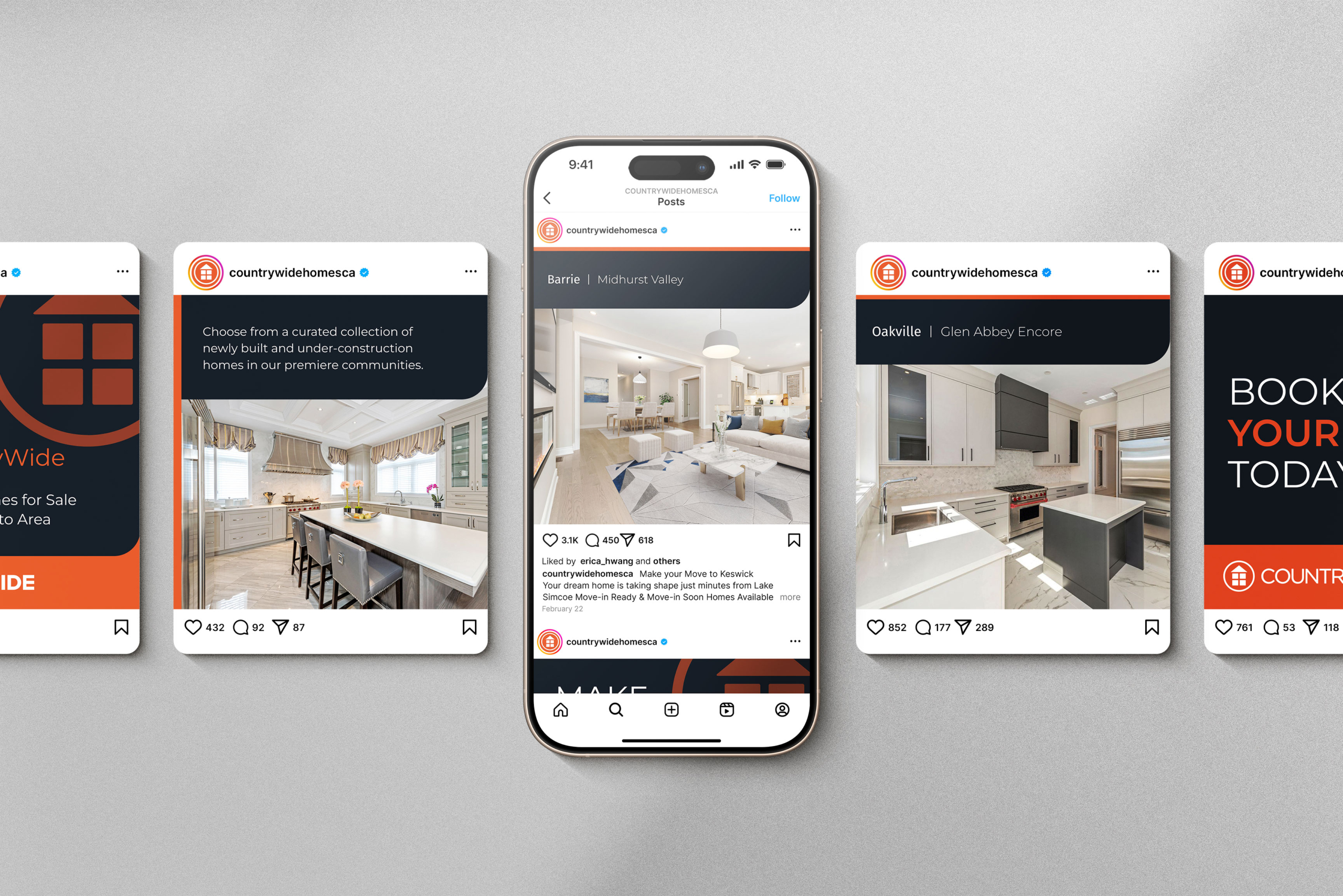 Collection of Instagram posts showcasing newly built and under-construction homes by CountryWide, featuring modern kitchen and living spaces with promotional messaging.