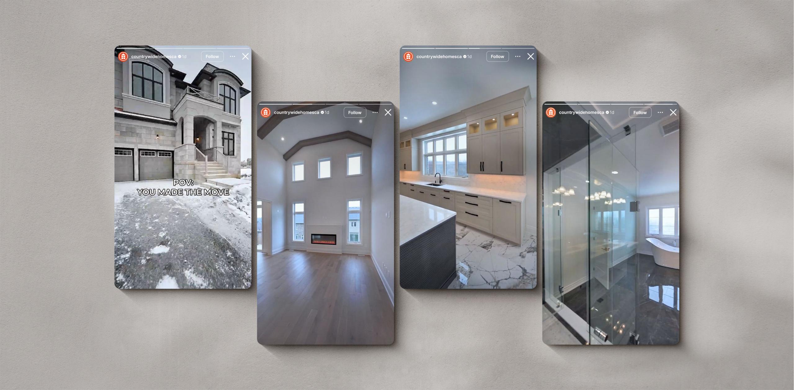 Exterior view of a luxury home with a snow-covered driveway and the text "POV: YOU MADE THE MOVE," showcasing Countrywide Homes' property offerings in a marketing context.
