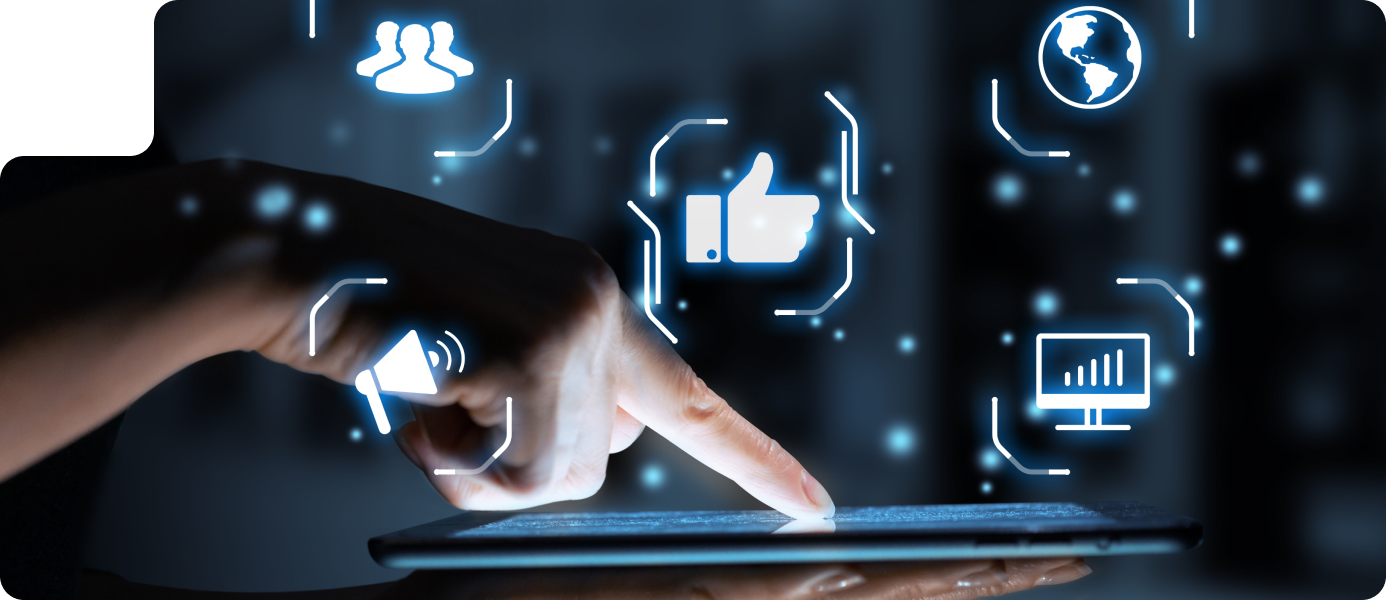 Hand interacting with a tablet displaying digital icons representing social media, analytics, and global connectivity, illustrating cross-platform digital marketing strategies.
