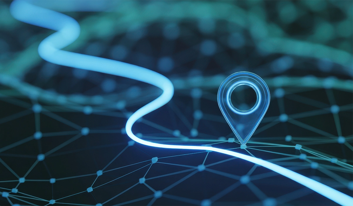Digital representation of a customer journey with a glowing map marker and interconnected network lines, illustrating marketing strategy and guidance.