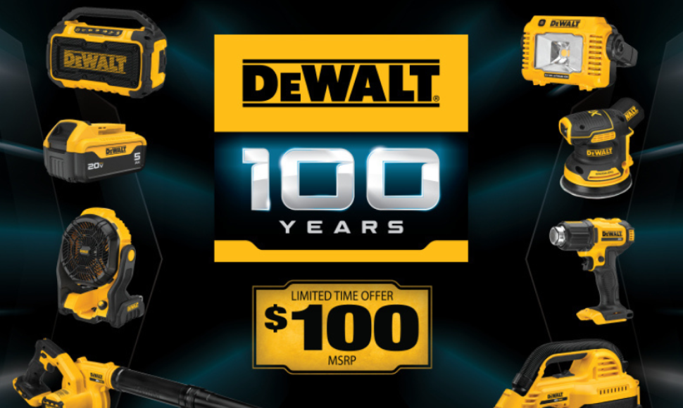 DEWALT® 100 Years celebration graphic featuring various power tools and equipment, highlighting a limited-time offer of $100 MSRP.