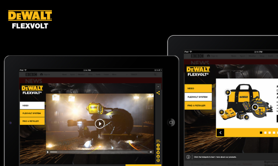 DEWALT® FLEXVOLT® product display on tablets featuring tools and accessories, highlighting video content and retailer information.