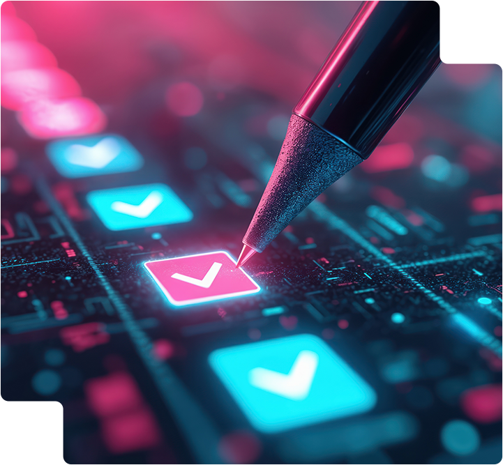 Digital interface with a pen marking a check on a glowing button, emphasizing strategic campaign evaluation for CRAFTSMAN® V20 Battery marketing efforts by ROC Media.