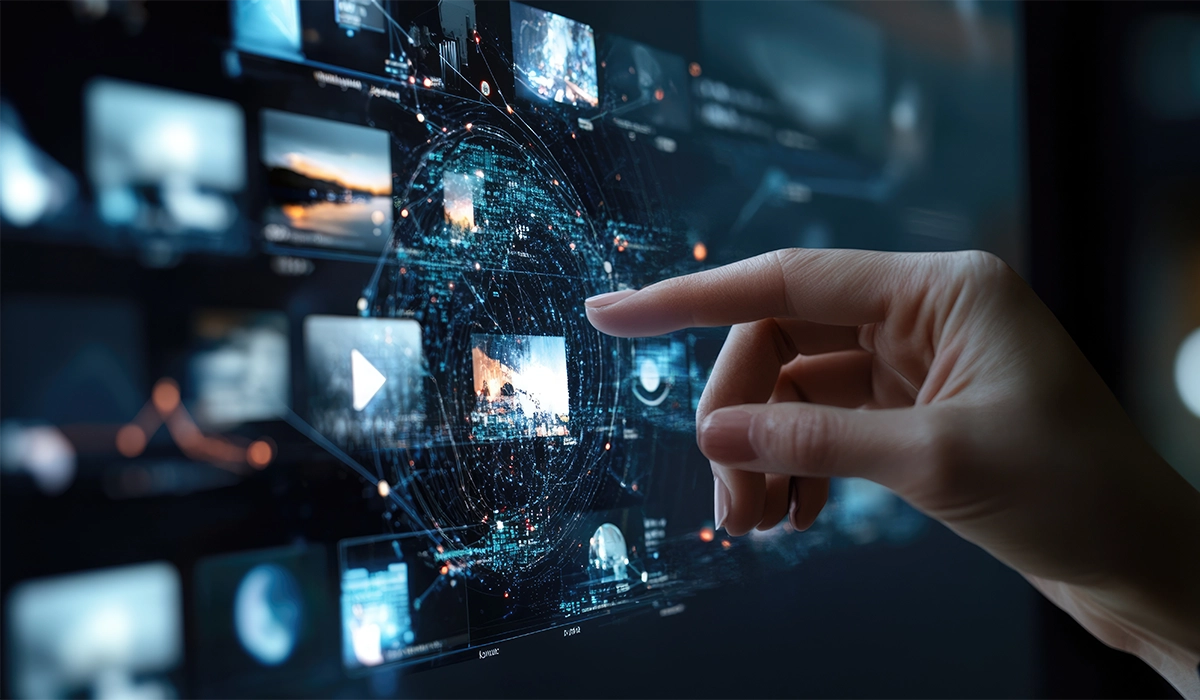 Hand interacting with a digital interface displaying integrated marketing visuals, emphasizing the connection between offline and online marketing strategies.