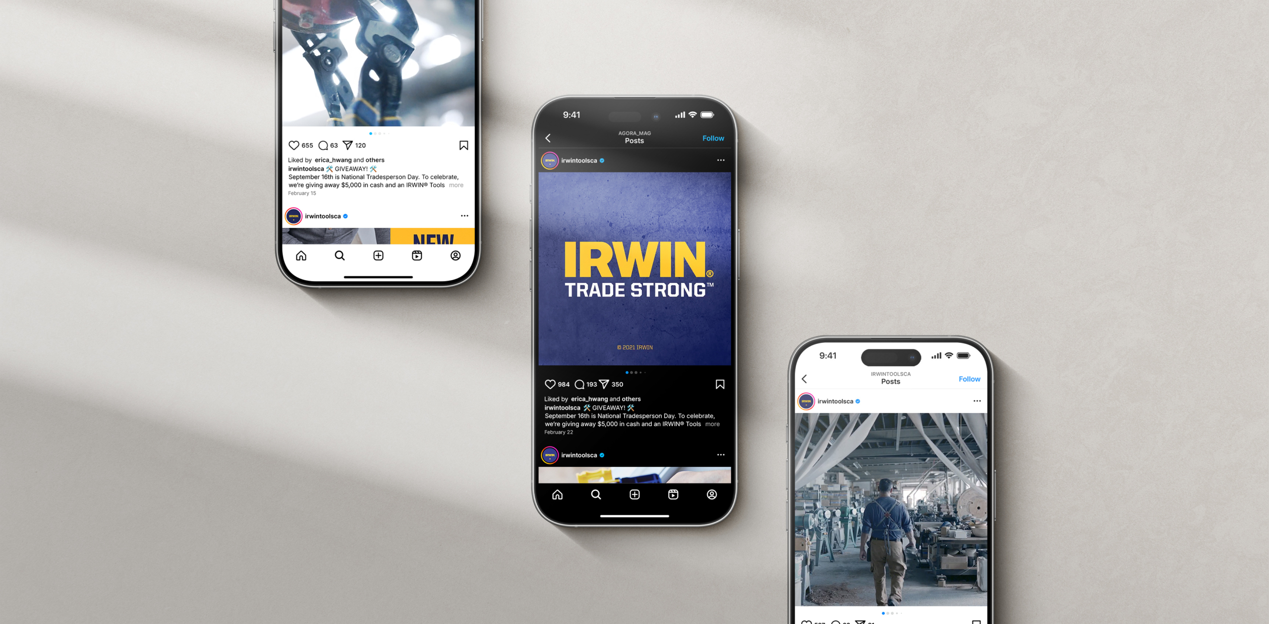 Three smartphones displaying IRWIN's National Tradesperson Day campaign on social media, featuring the slogan "IRWIN TRADE STRONG" and promotional content for a cash giveaway.