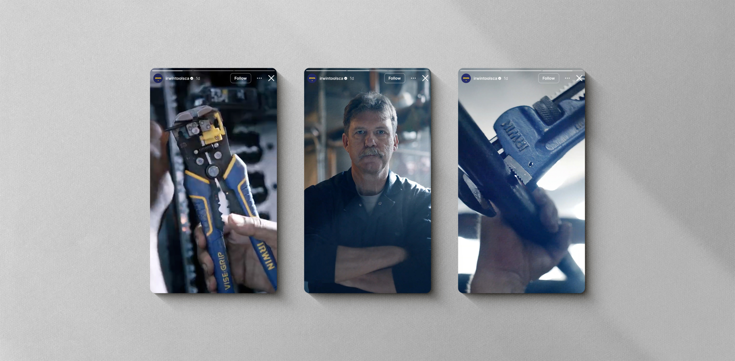 Tools used by tradespeople, including wire strippers and a pipe wrench, showcased in a promotional context for Irwin's National Tradesperson Day campaign.