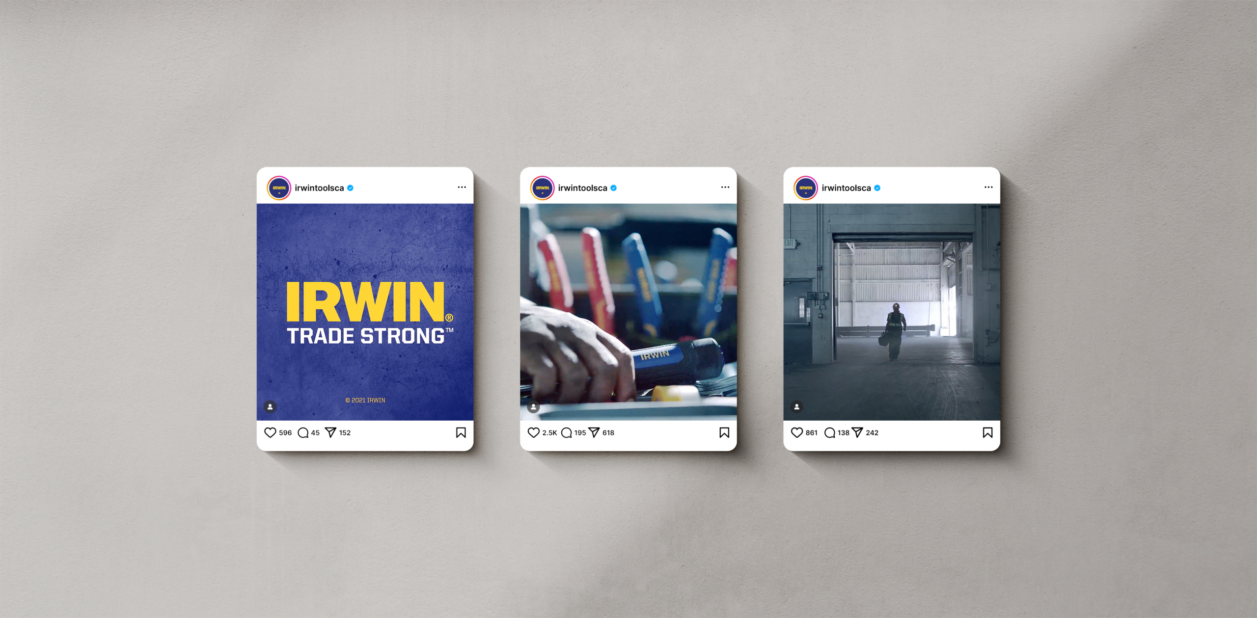 IRWIN Trade Strong campaign visuals featuring logo on textured background, hand holding tools, and tradesperson walking in workspace, highlighting ROC Media's paid media strategy for engaging tradespeople.