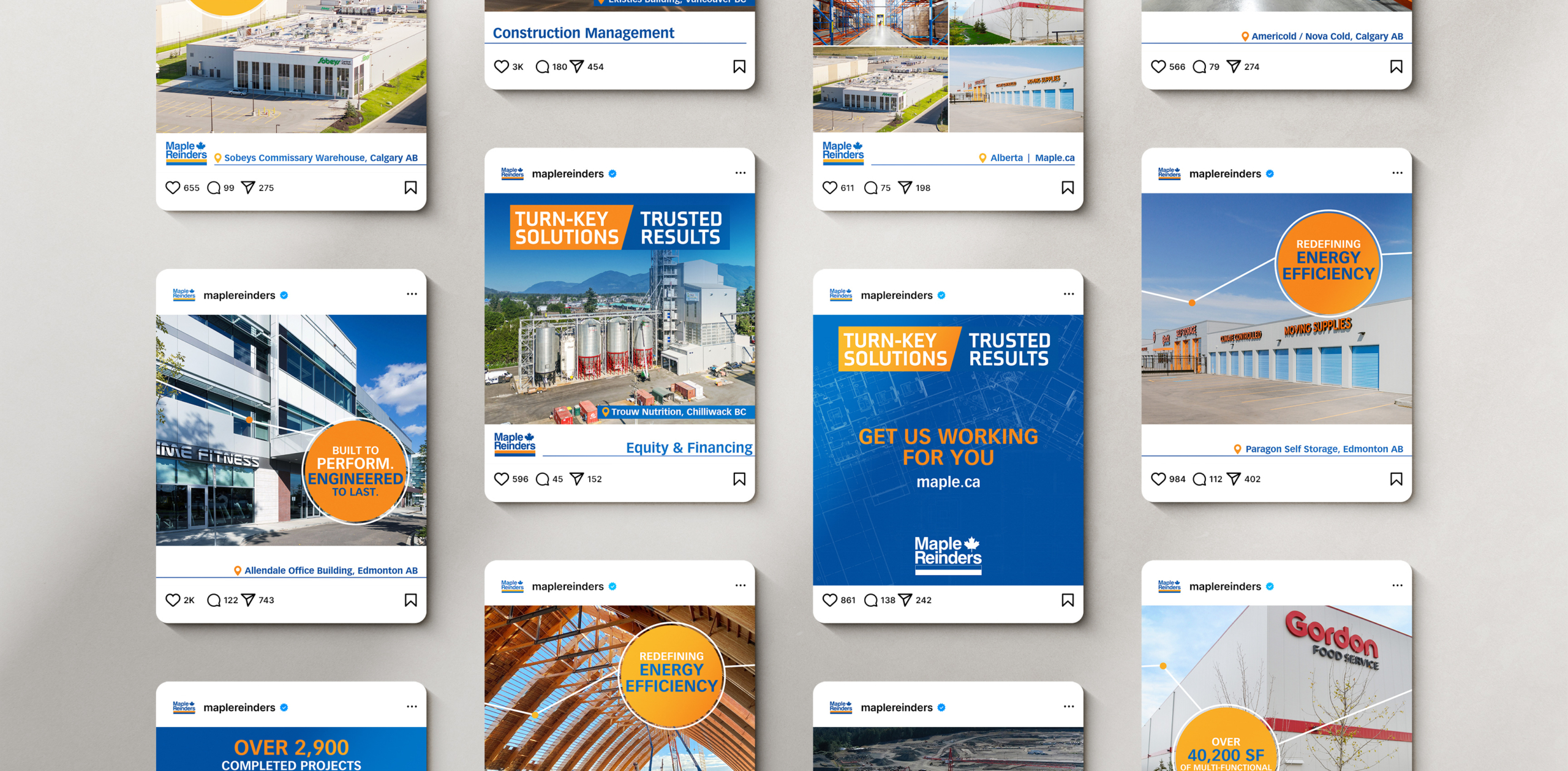 Maple Reinders campaign visuals featuring diverse construction projects and branding elements emphasizing "Turn-Key Solutions" and "Trusted Results" across various sectors in Western Canada.
